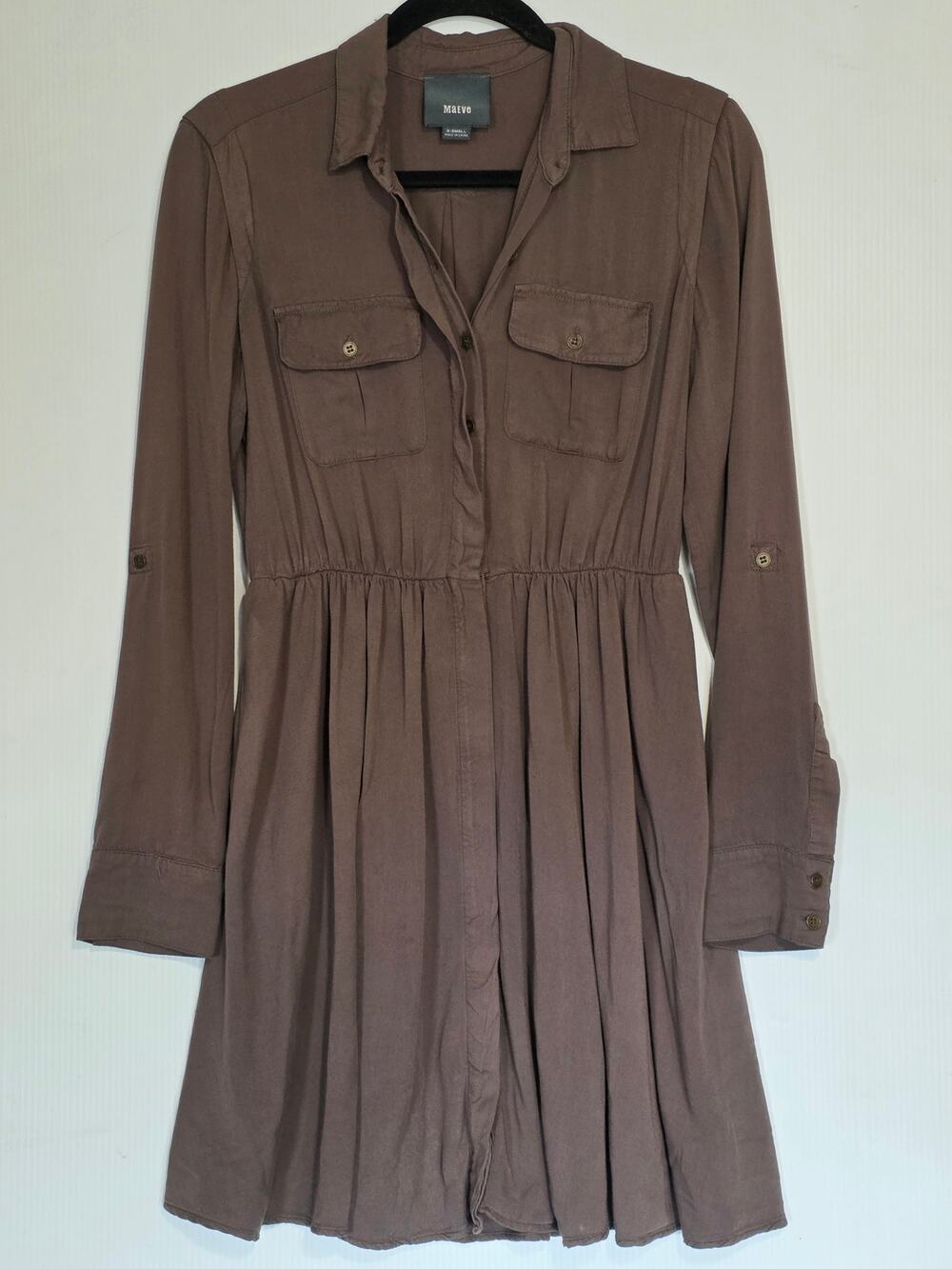 ​Anthropologie Maeve XS Brown Rayon Long Sleeve Utility Shirt Dress Pocket Mini